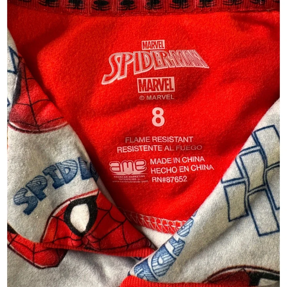 Marvel Spider-Man Boys Pajama Set Coat Style Sz 8 Wall Crawler Fleece Sleepwear‎